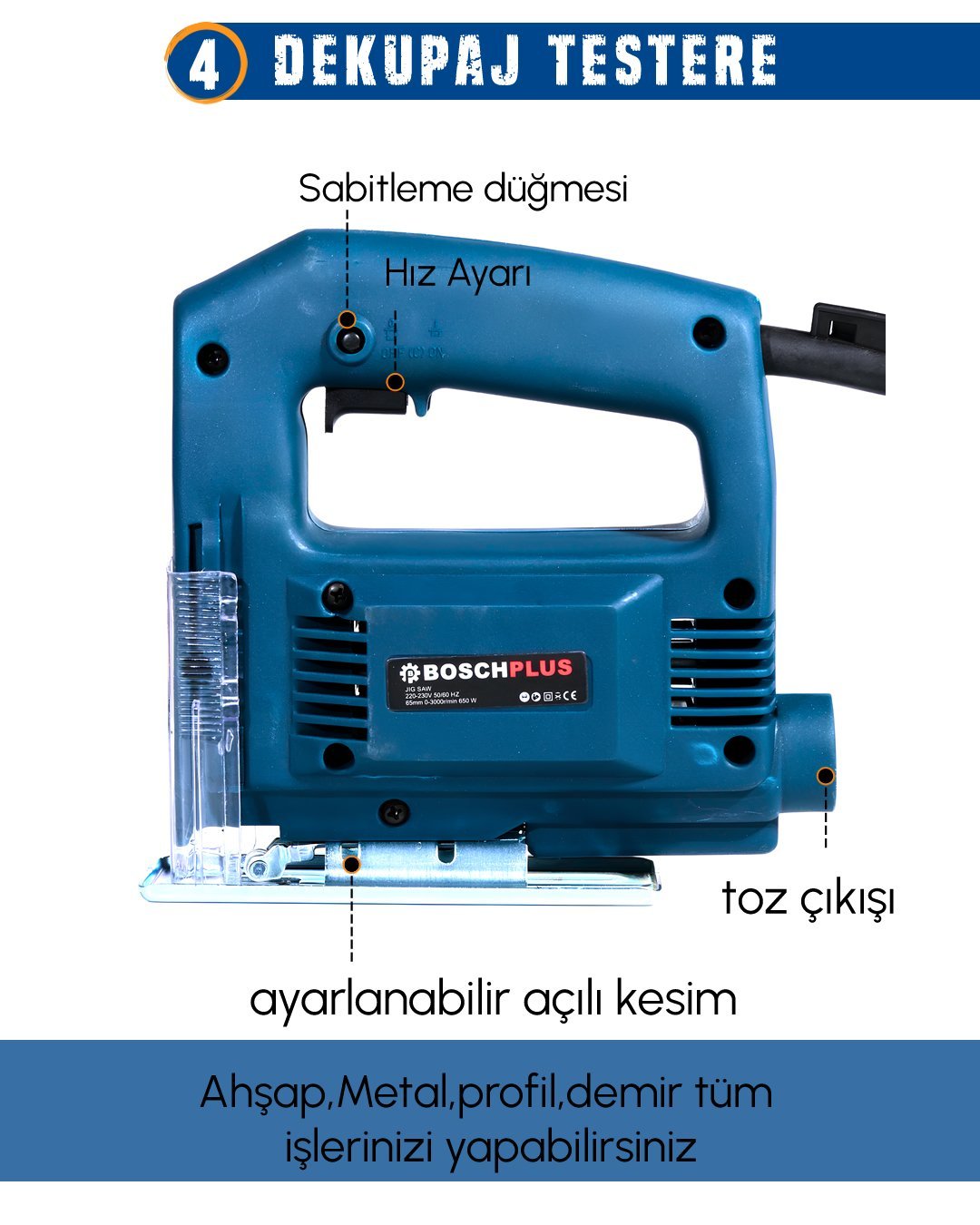 BoschPlus EEA416 Elektrikli 4 lü Makine Seti dekupaj testere özellikleri