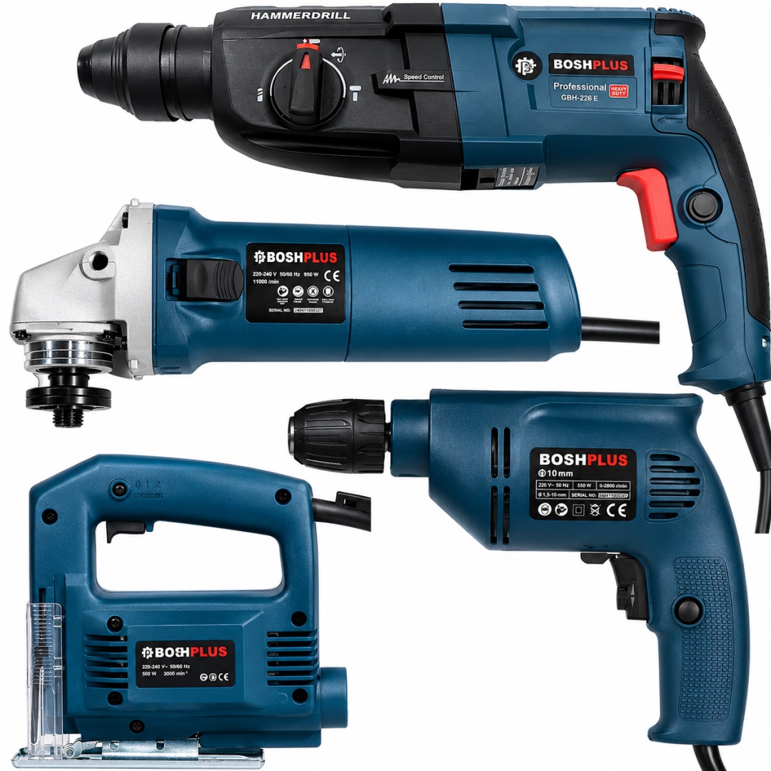 BoshPlus EEA416 Elektrikli 4 lü Makine Seti Kırıcı Delici, 13mm Darbeli Vidalama Matkap, 125mm Avuç Taşlama, Dekupaj Testere