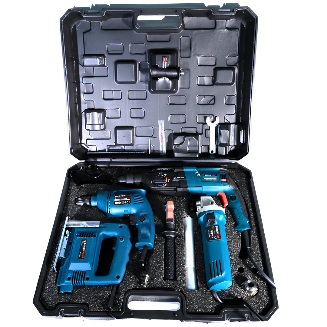 BoschPlus EEA416 Elektrikli 4 lü Makine Seti Kırıcı Delici, 13mm Darbeli Vidalama Matkap, 125mm Avuç Taşlama, Dekupaj Testere