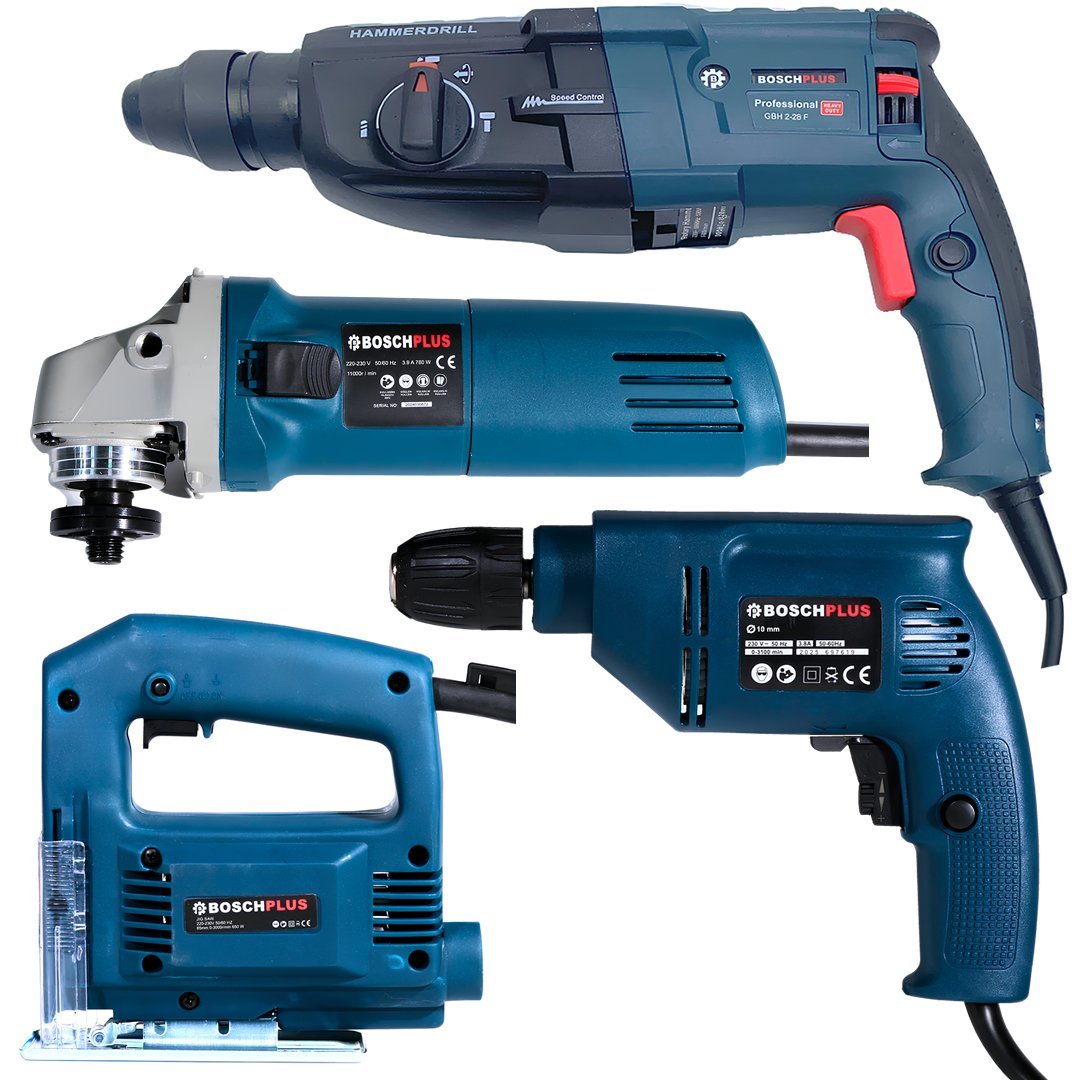 BoschPlus EEA416 Elektrikli 4 lü Makine Seti Kırıcı Delici, 13mm Darbeli Vidalama Matkap, 125mm Avuç Taşlama, Dekupaj Testere