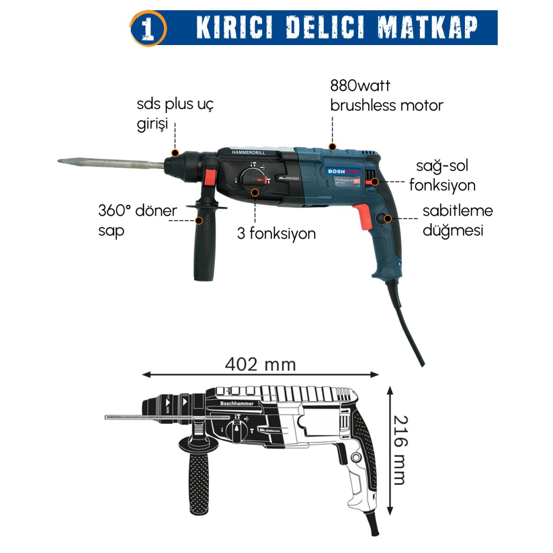 BoschPlus EEA416 Elektrikli 4 lü Makine Seti Kırıcı Delici özellikleri