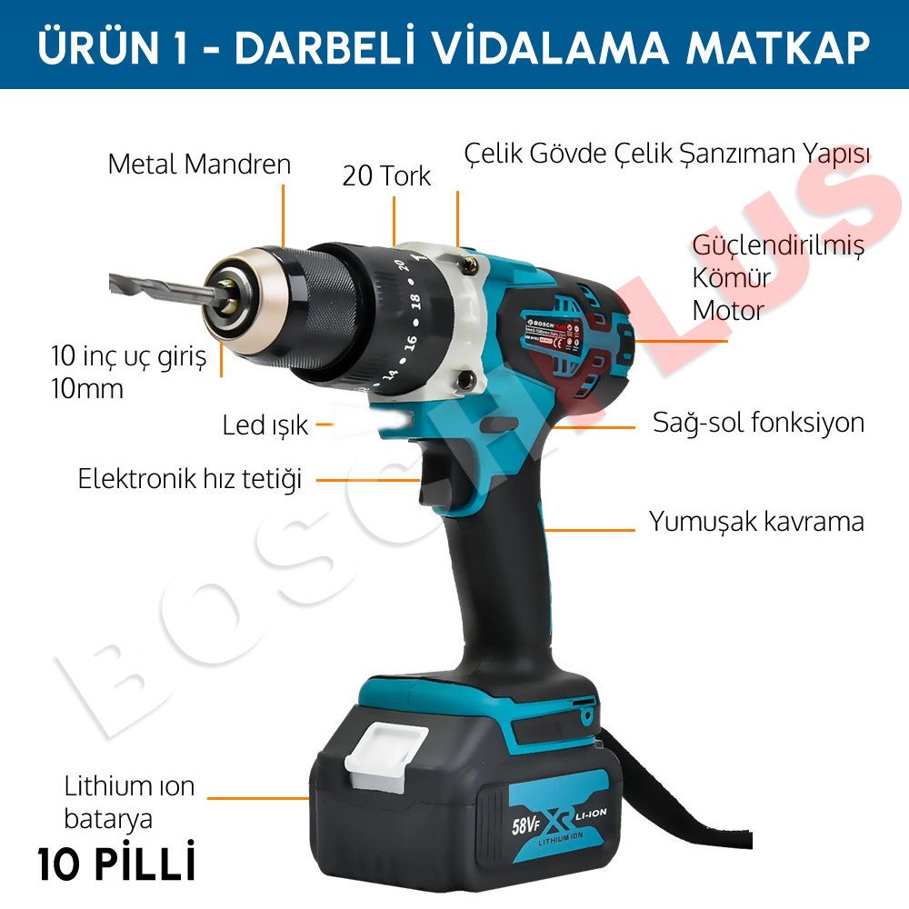 BoschPlus EEA418 Akülü Ultra 4lü Set Makine ve MMA777 Turbo Çanta Kaynak Makinesi Seti vidalama