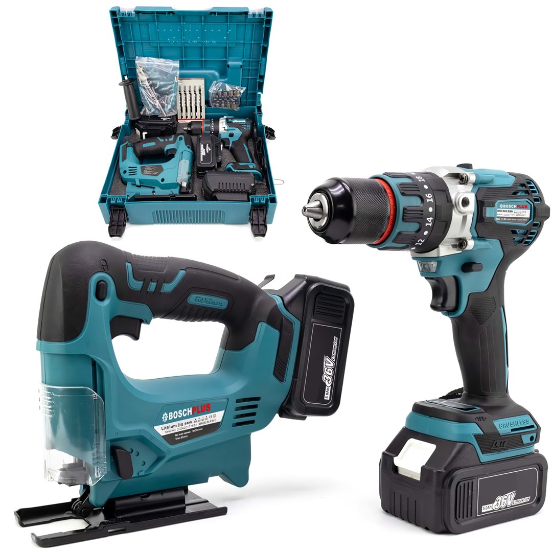 BoschPlus EEA430 Akülü Kömürsüz Motor 2li Set Ayarlanabilir Dekupaj Testere ve Çelik Mandren Vidalama Matkap 36V 5ah (Mavi)