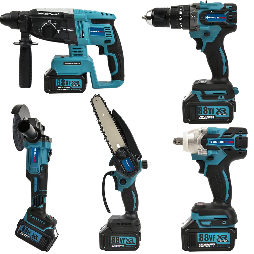 BoschPlus EEA431 Akülü 6 lı Grup Set ( 5li Makina Seti Avuç Taşlama,Kırıcı Delici,Somun Sıkma Sökme,Vidalama,Budama Testere + 58Vf  Akülü Kömürsüz Araç Yıkama Seti )