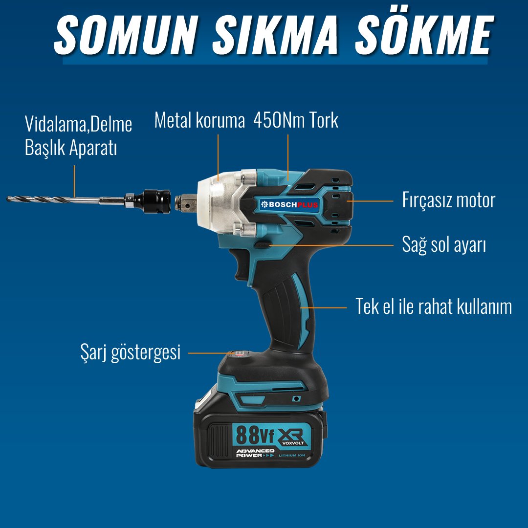 Bosch Plus EEA431 Akülü Süper 5li Set Makina 88vf 5ah somun sıkma özellikleri