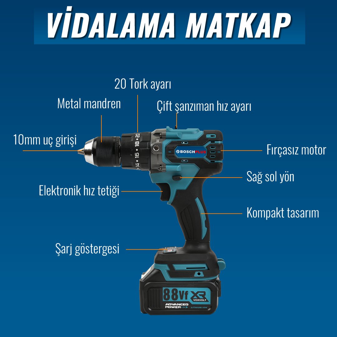 Bosch Plus EEA431 Akülü Süper 5li Set Makina 88vf 5ah vidalama matkap özellikleri