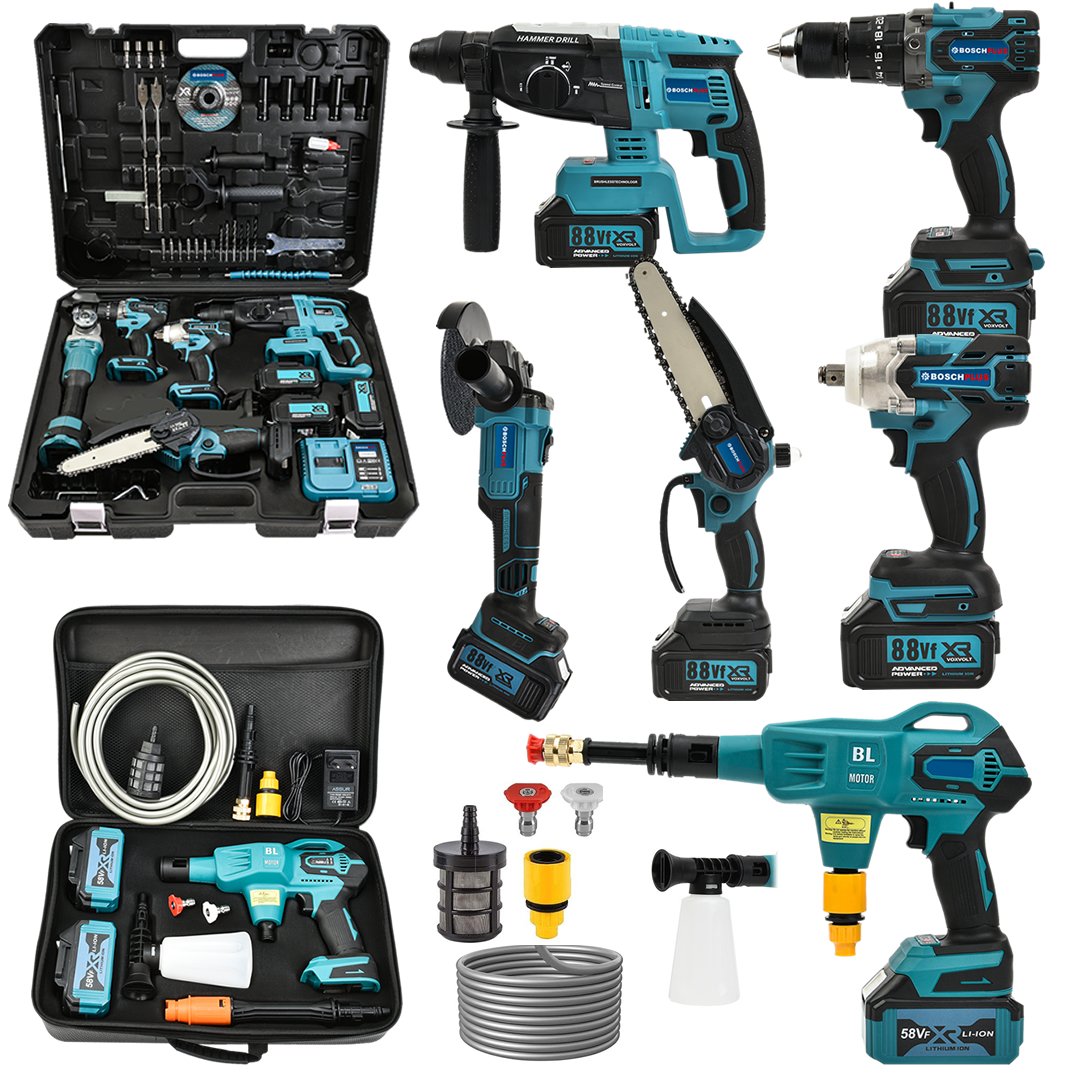 BoschPlus EEA431 Akülü 6 lı Grup Set ( 5li Makina Seti Avuç Taşlama,Kırıcı Delici,Somun Sıkma Sökme,Vidalama,Budama Testere + 58Vf  Akülü Kömürsüz Araç Yıkama Seti )