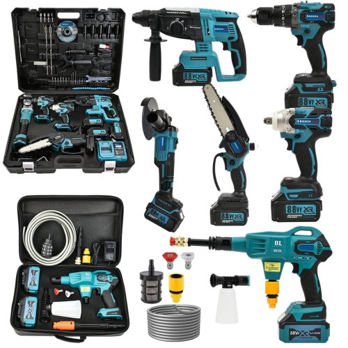 BoschPlus EEA431 Akülü 6 lı Grup Set ( 5li Makina Seti Avuç Taşlama,Kırıcı Delici,Somun Sıkma Sökme,Vidalama,Budama Testere + 58Vf  Akülü Kömürsüz Araç Yıkama Seti )