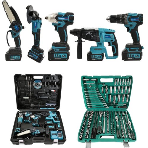 BoschPlus EEA432 Akülü 6 lı Grup Set ( 5li Makina Seti Avuç Taşlama,Kırıcı Delici,Somun Sıkma Sökme,Vidalama,Budama Testere + 216 Parça Lokma Seti )