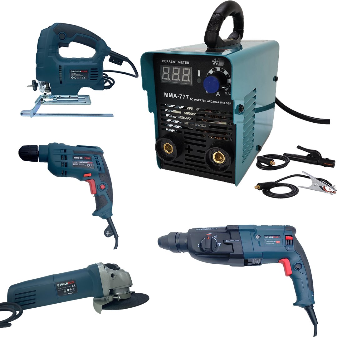 BoschPlus EEA433 Elektrikli 5 Lİ Grup Set (4 lü Makine Seti Kırıcı Delici, 13mm Darbeli Vidalama Matkap, 125mm Avuç Taşlama, Dekupaj Testere + MMA777 İnverter Kaynak Makinesi)