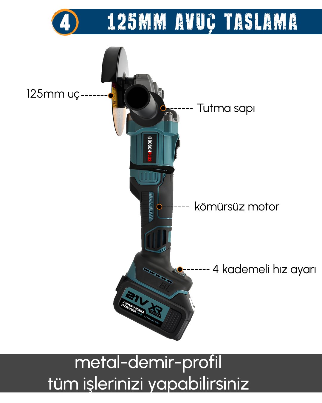 BoschPlus EEA440 Profesyonel 21V 2ah Akülü 4lü Set Vidalama Matkap, Kırıcı Delici Hilti, Taşlama ve 800Nm Somun Sökme taşlama özellikleri