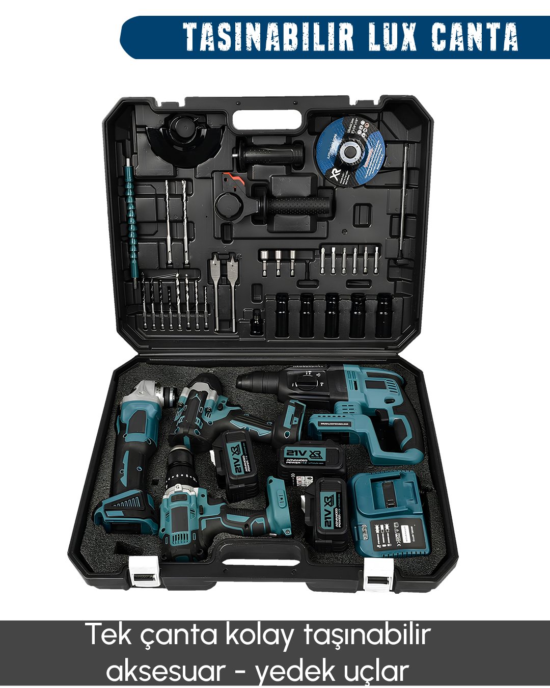 BoschPlus EEA440 Profesyonel 21V 2ah Akülü 4lü Set Vidalama Matkap, Kırıcı Delici Hilti, Taşlama ve 800Nm Somun Sökme çantası