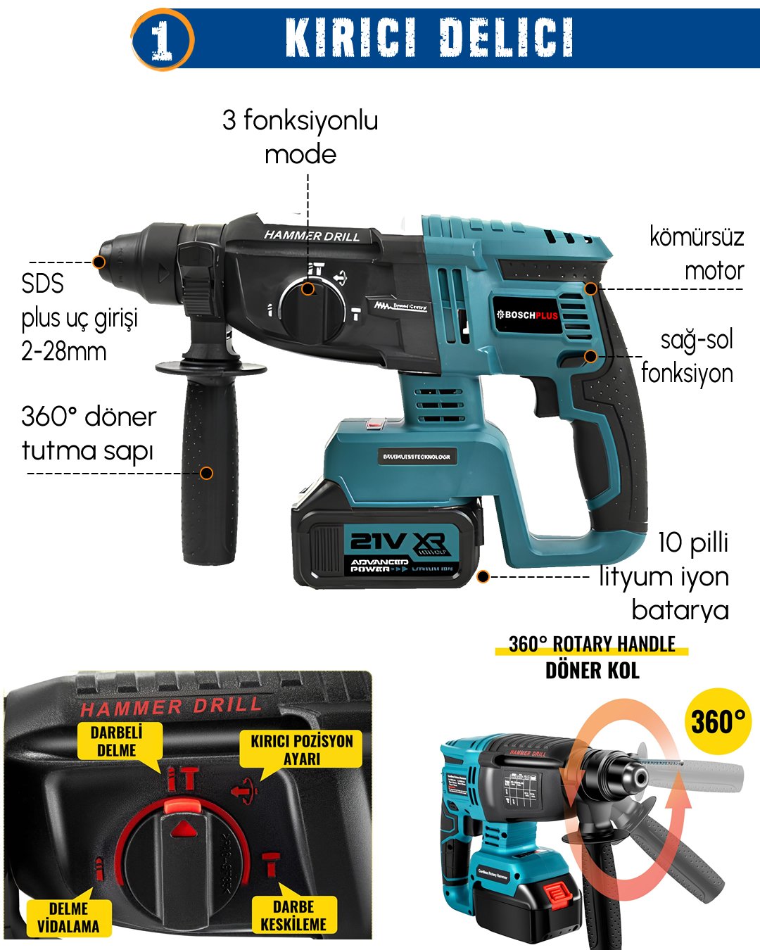 BoschPlus EEA440 Profesyonel 21V 2ah Akülü 4lü Set Vidalama Matkap, Kırıcı Delici Hilti, Taşlama ve 800Nm Somun Sökme kırıcı delici özellikler