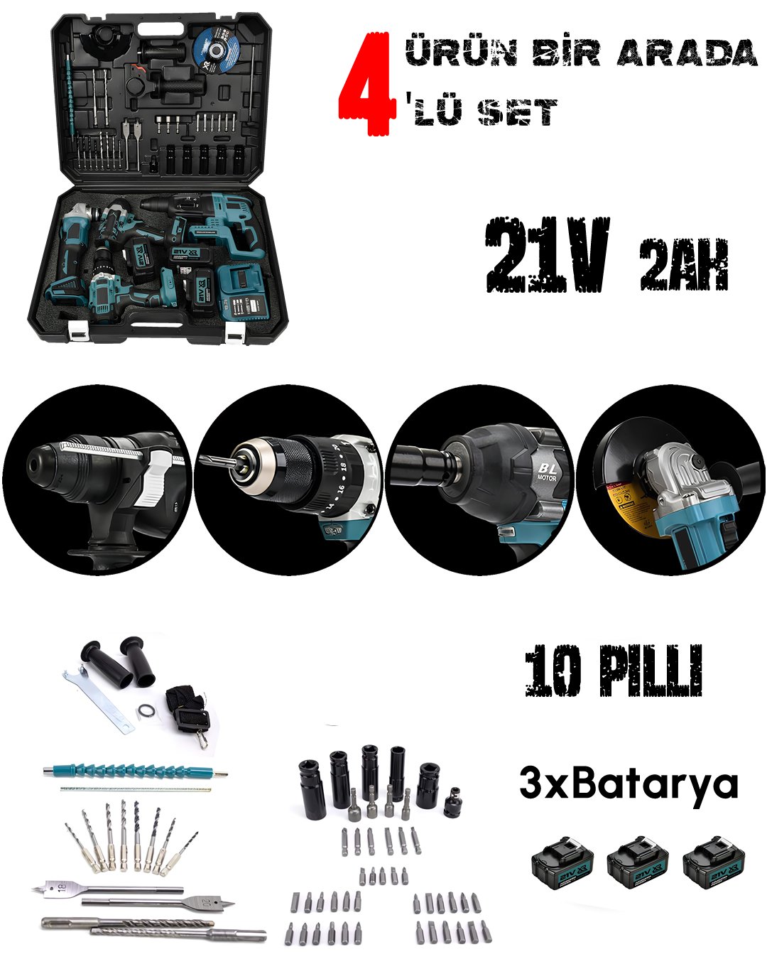 BoschPlus EEA440 Profesyonel 21V 2ah Akülü 4lü Set Vidalama Matkap, Kırıcı Delici Hilti, Taşlama ve 800Nm Somun Sökme model ve fiyatlar