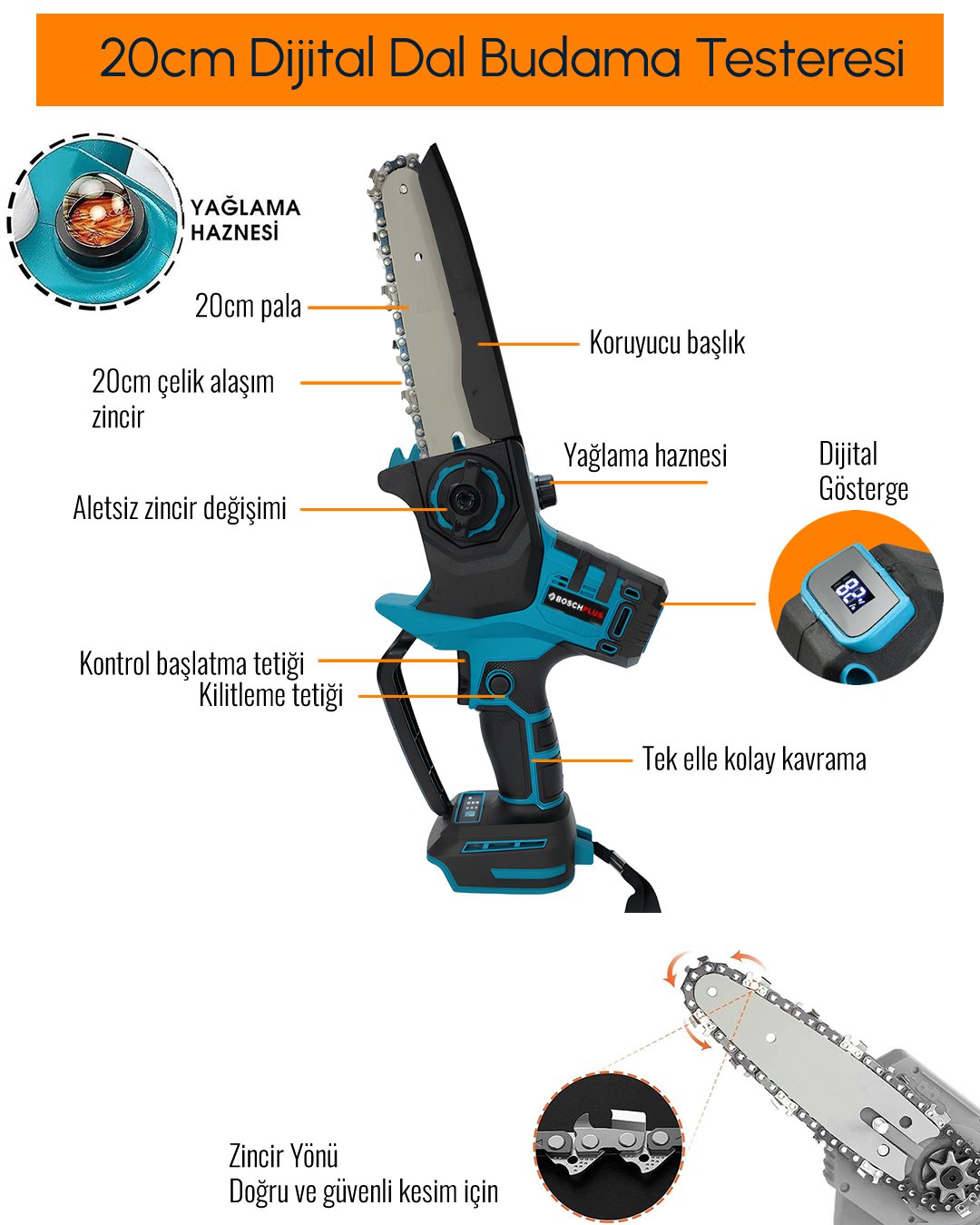 BoschPlus EEA461 Profesyonel 3lü Bahçe Seti Akülü Uzatma Kollu Dijital Göstergeli 20cm Dal Budama Testeresi 88Vmax özellikleri