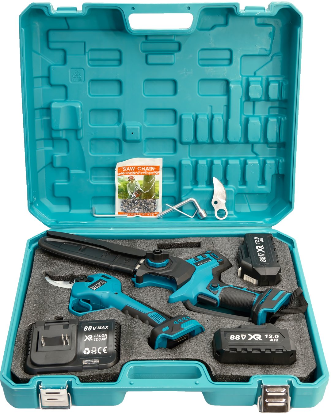 BoschPlus EEA461 Profesyonel 3lü Bahçe Seti Akülü Uzatma Kollu Dijital Göstergeli 50mm Dal Budama Makası ve 20cm Dal Budama Testeresi 88Vmax çantası