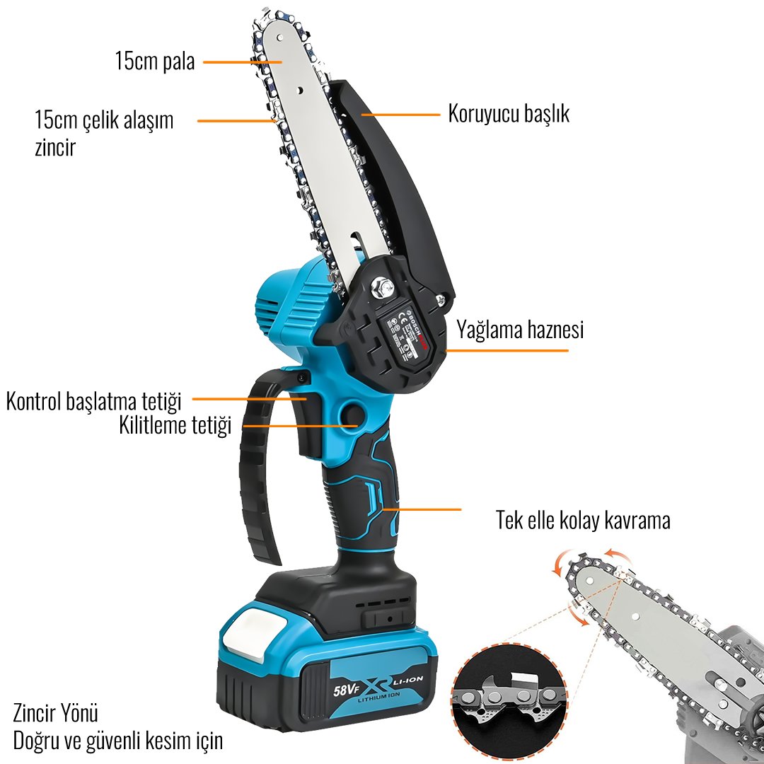 BoschPlus EEA464 2li Bahçe Seti Çift Akülü Şarjlı Ot Çalı Çim Kesme Tırpan 7 Başlıklı Ve 15cm Şarjlı Dal Budama Zincirli Testere ÖZELLİKLERİ