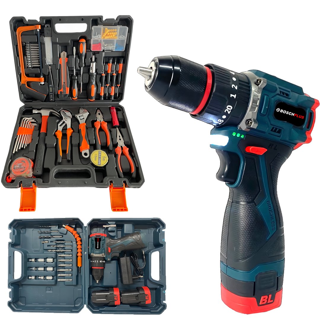 BoschPlus EEA469 Akülü Kömürsüz Armut Batarya Vidalama Matkap Seti ve 105 Parça Özel Alışım Çelik Profesyonel Alet Takım Seti