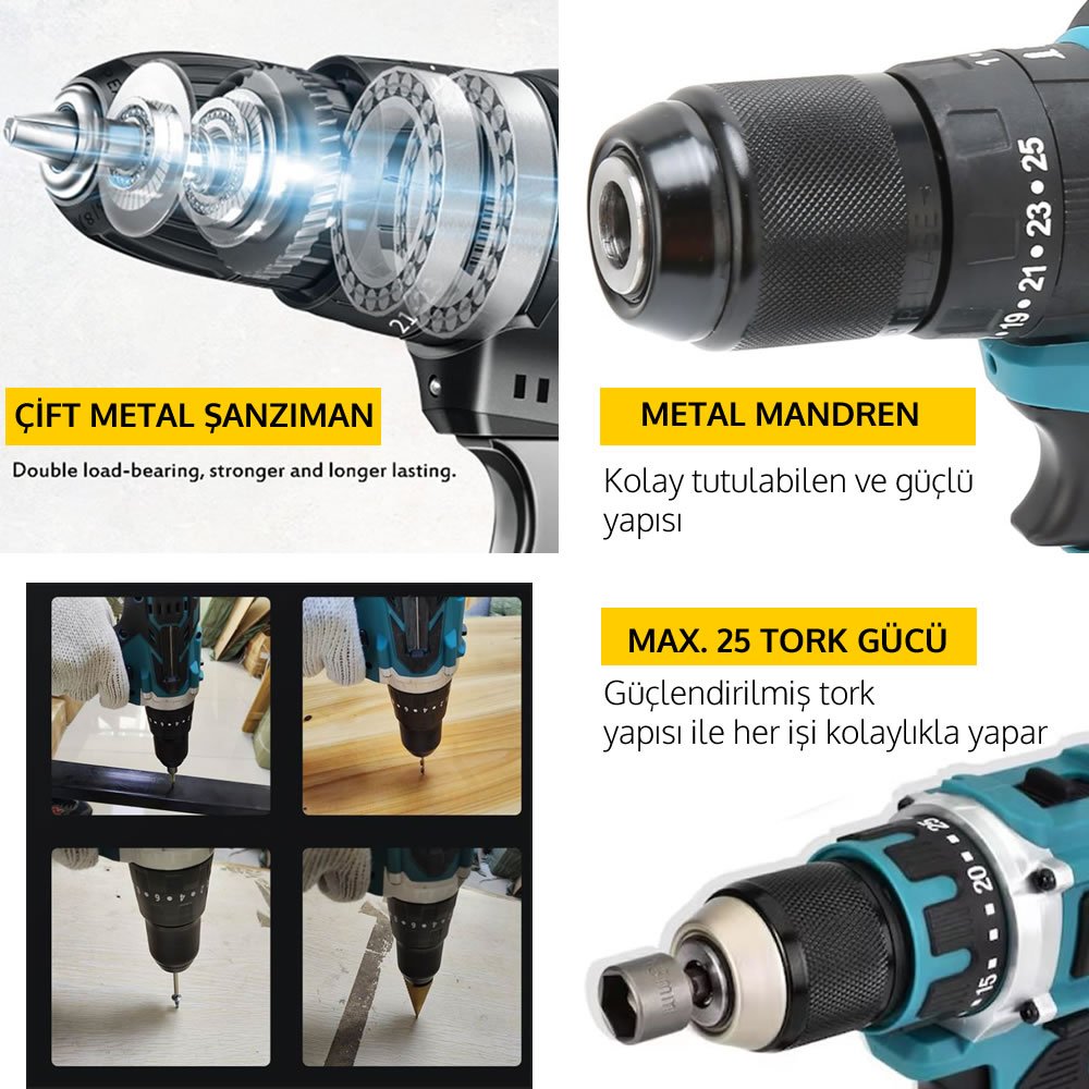 BoschPlus EEA472 Akülü Vidalama Matkap Seti + 105 Parça Özel Alışım Çelik Profesyonel Alet Takım Seti matkap kullanım