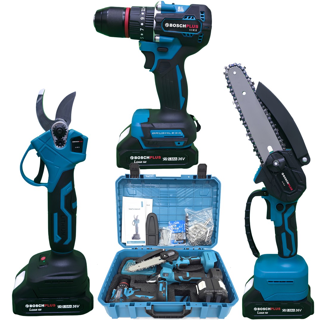 BoshPlus EEA484 Yeni Kömürsüz Akülü 3lü Bahçe Seti 30mm Dal Budama Makası, 15cm Dal Budama Testeresi ve 45nm Vidalama