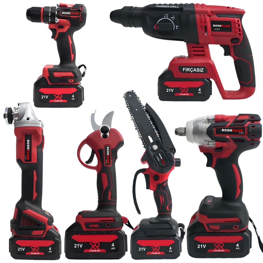 Boshplus Profesyonel Kömürsüz Akülü Kırmızı 6lı Set - 21V 4ah (Kırıcı Delici, Somun Sıkma, Vidalama, Avuç Taşlama, Dal Budama Makası, Dal Testeresi)