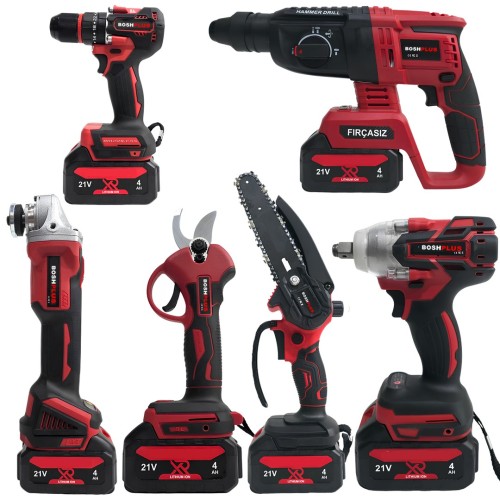 Boshplus Profesyonel Kömürsüz Akülü Kırmızı 6lı Set - 21V 4ah (Kırıcı Delici, Somun Sıkma, Vidalama, Avuç Taşlama, Dal Budama Makası, Dal Testeresi)