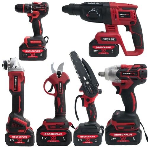 Profesyonel Kömürsüz Akülü Kırmızı 6lı Set - 21V 4ah (Kırıcı Delici, Somun Sıkma, Vidalama, Avuç Taşlama, Dal Budama Makası, Dal Testeresi)