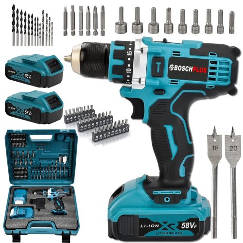 BoschPlus EEA309 Yeni Seri 58vf Şarjlı Matkap Mavi Çift Akülü Darbesiz 84 Parça Set Hediyeli