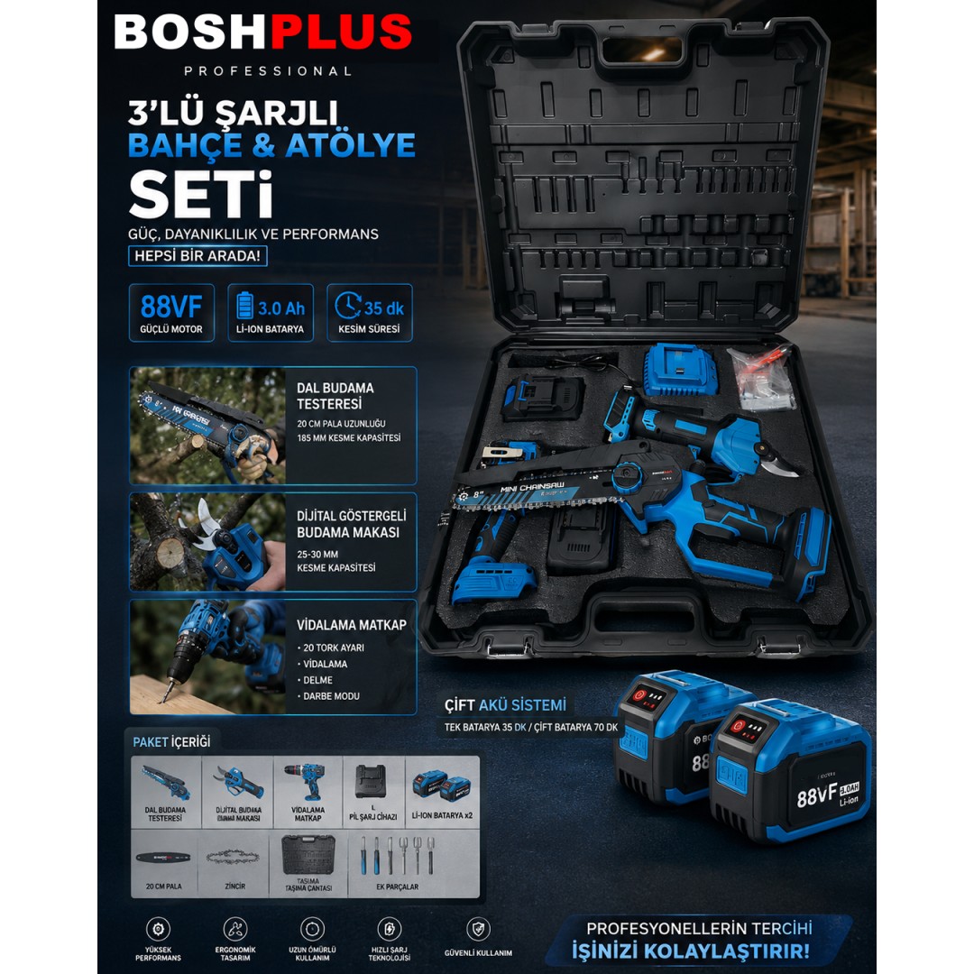 Boshplus BP100 Kömürsüz Akülü 3lü Bahçe Seti - 20cm Dal Budama Testere, Dal Budama Makası ve Vidalama Matkap model ve fiyatlar