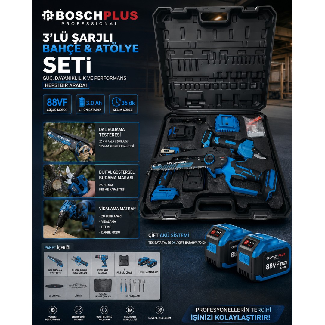 Boshplus BP100 Kömürsüz Akülü 3lü Bahçe Seti - 20cm Dal Budama Testere, Dal Budama Makası ve Vidalama Matkap model ve fiyatlar