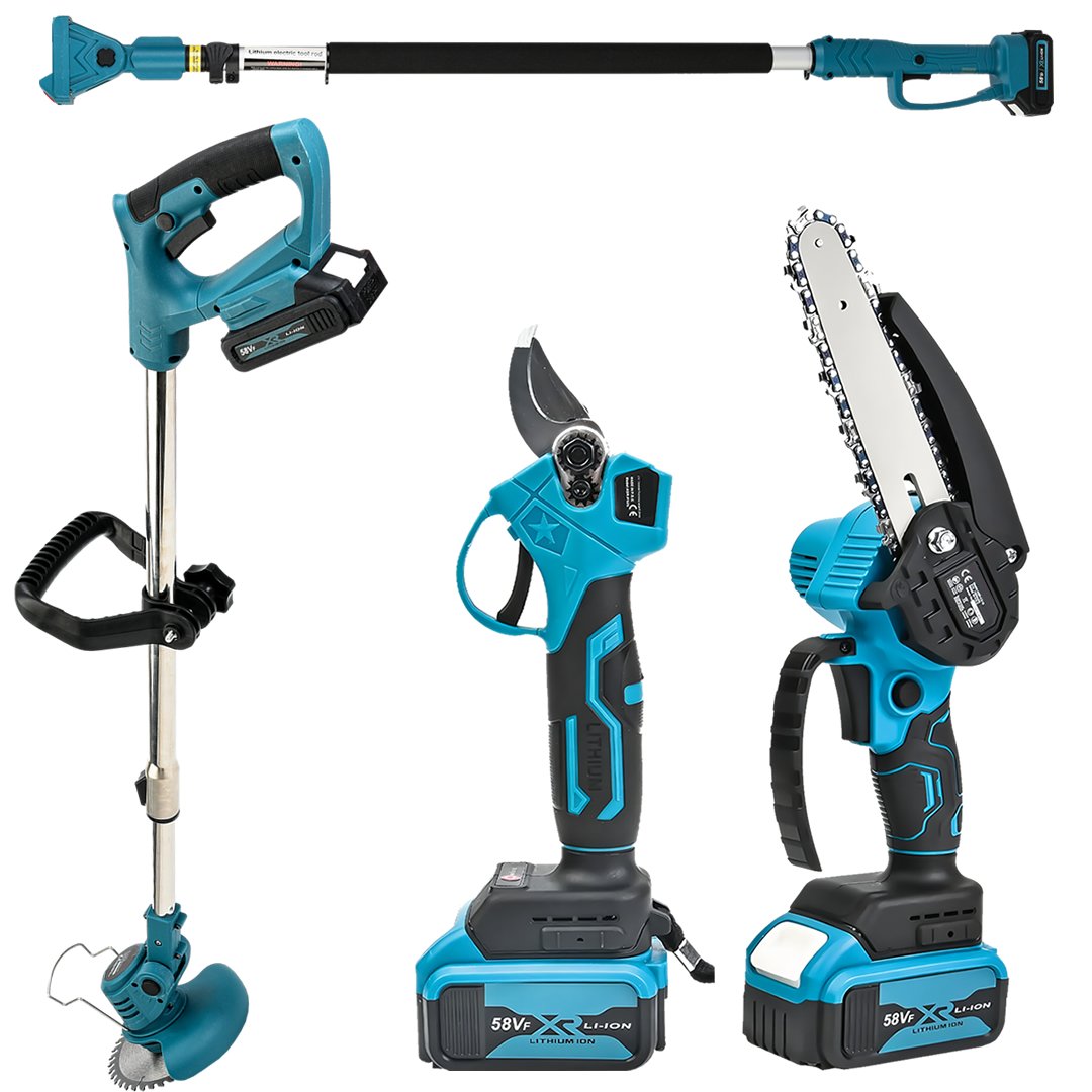 BoschPlus EEA420 Akülü Teleskopik 4lü Set Dal Budama Makası, Dal Budama Testeresi,  Ot Biçme ve Teleskopik Uzatma Kolu 58Vf (Mavi)