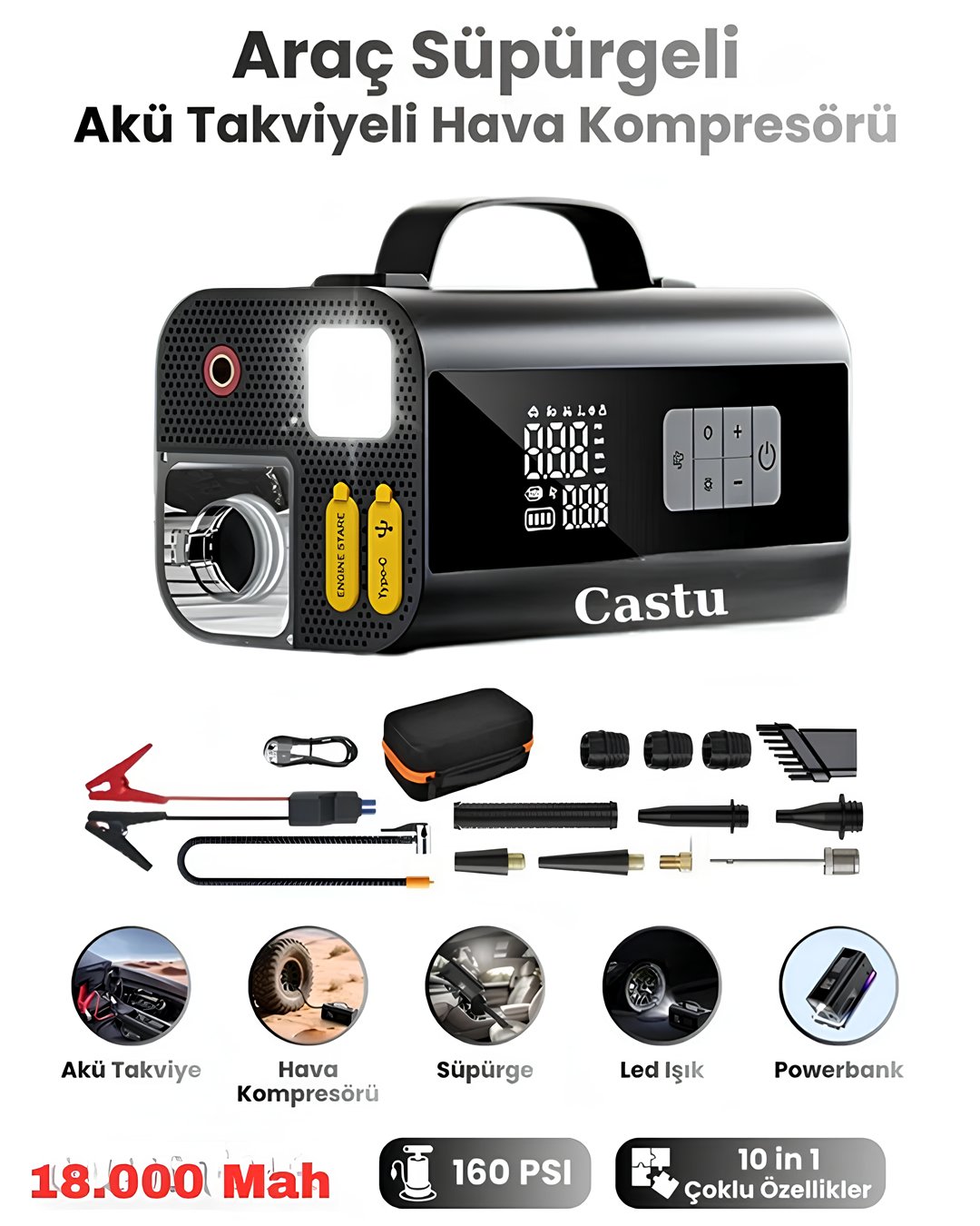 Castu CS69 Jump Starter Süpürgeli Akü Takviye Cihazı 5 in 1 | 18000mAh Kompresörlü Powerbank model ve fiyatlar