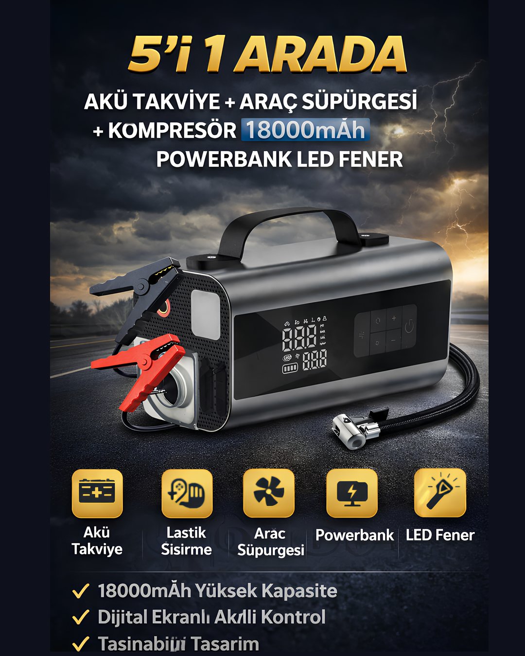 Castu CS69 Jump Starter Süpürgeli Akü Takviye Cihazı 5 in 1 | 18000mAh Kompresörlü Powerbank led fener