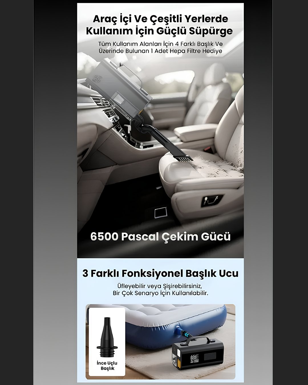 Castu CS69 Jump Starter Süpürgeli Akü Takviye Cihazı 5 in 1 | 18000mAh Kompresörlü Powerbank araç süpürgesi