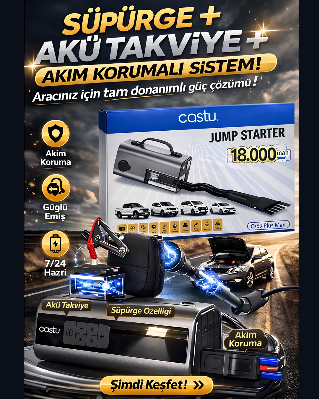 Castu CS69 Jump Starter Süpürgeli Akü Takviye Cihazı 5 in 1 | 18000mAh Kompresörlü Powerbank model fiyatlar
