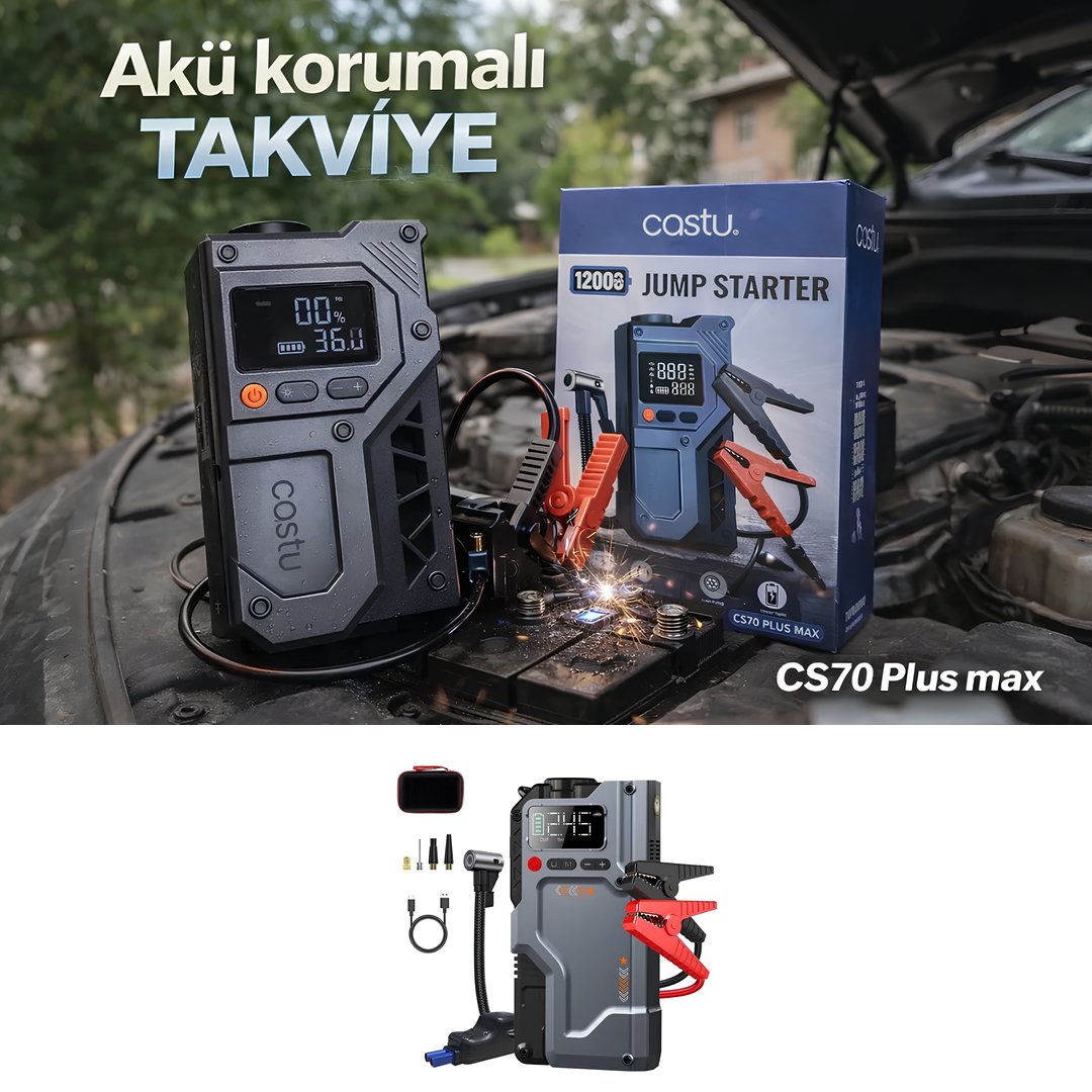 Castu CS70 Plus 12000mAh Akü Takviye Cihazı 4ü 1 Arada Jump Starter Kompresör Powerbank 150 PSI kullanımı