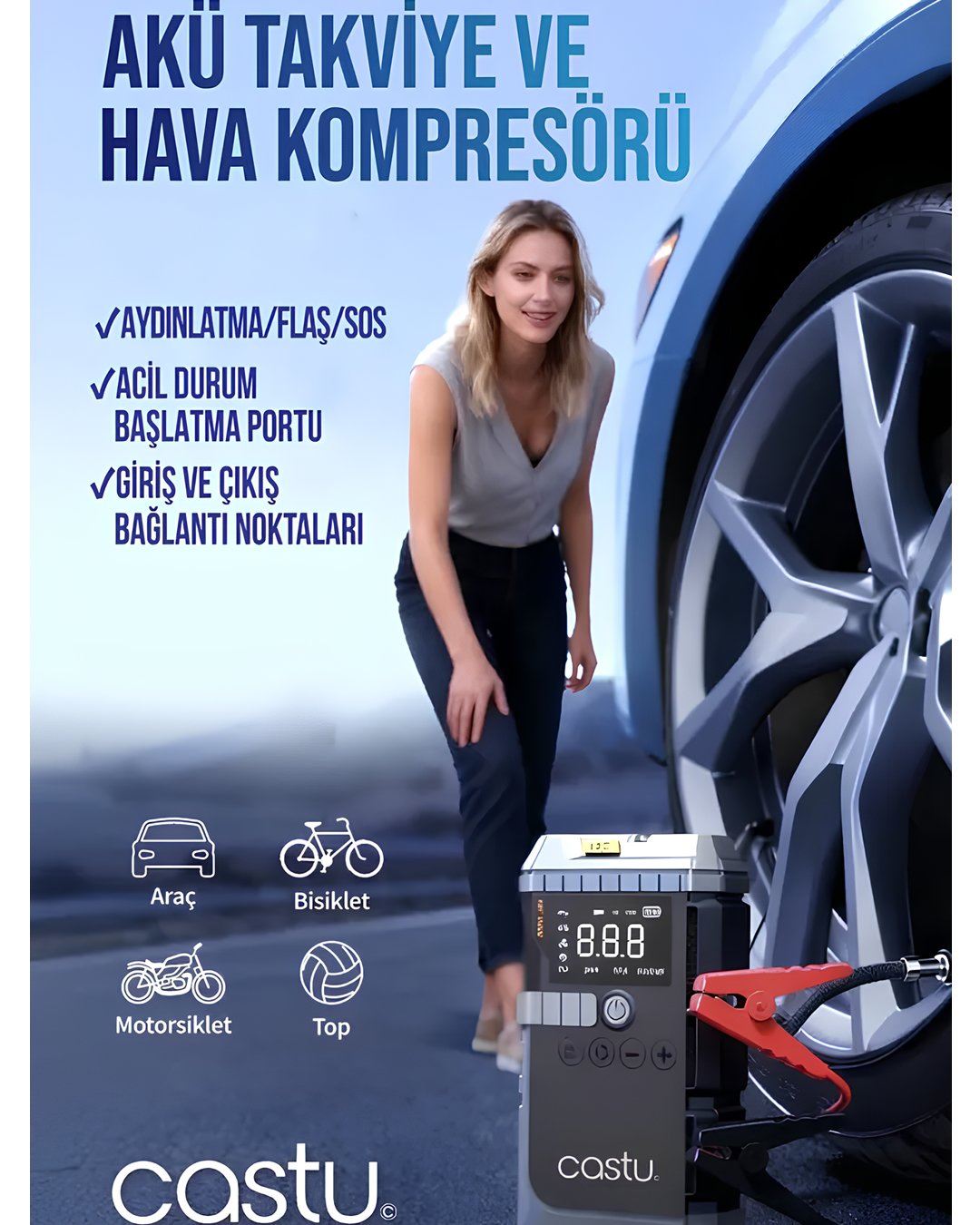 Castu CS70 Plus 12000mAh Akü Takviye Cihazı 4ü 1 Arada Jump Starter Kompresör Powerbank 150 PSI özellikler