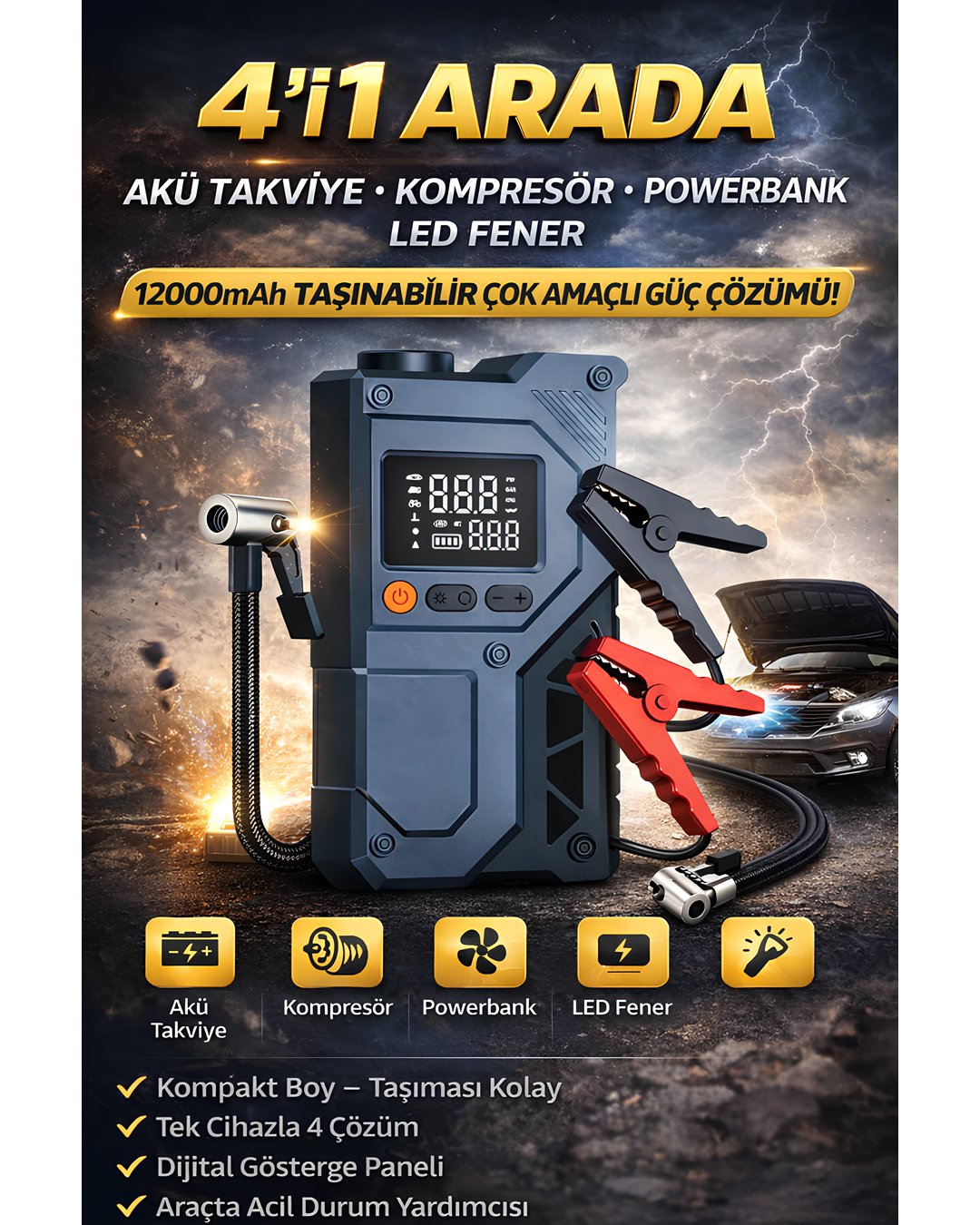 Castu CS70 Plus 12000mAh Akü Takviye Cihazı 4ü 1 Arada Jump Starter Kompresör Powerbank 150 PSI model ve fiyatlar