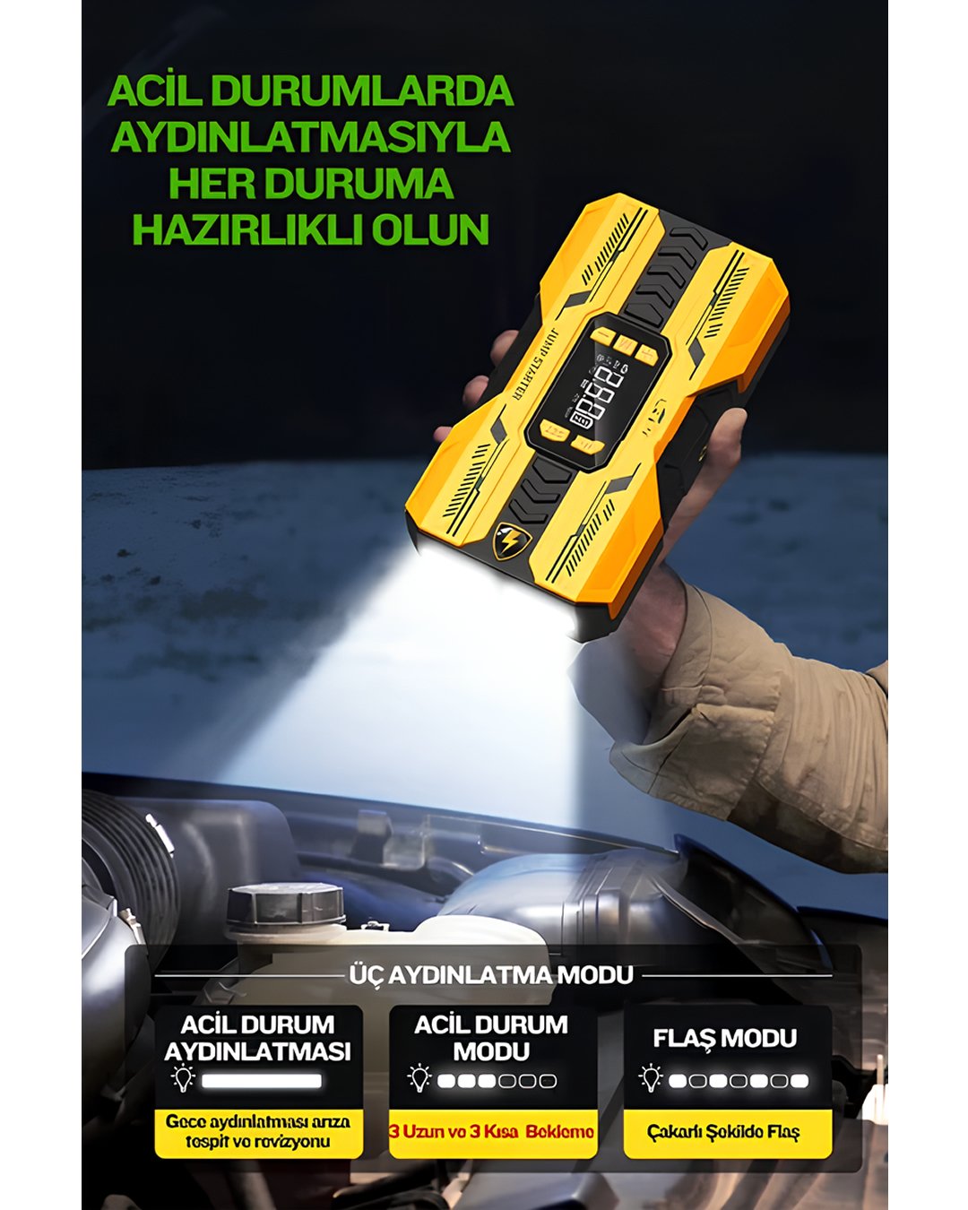 Castu CS73 Plus Max 18000mAh Akü Takviye Cihazı 4ü 1 Arada Jump Starter Kompresör Powerbank led ışık