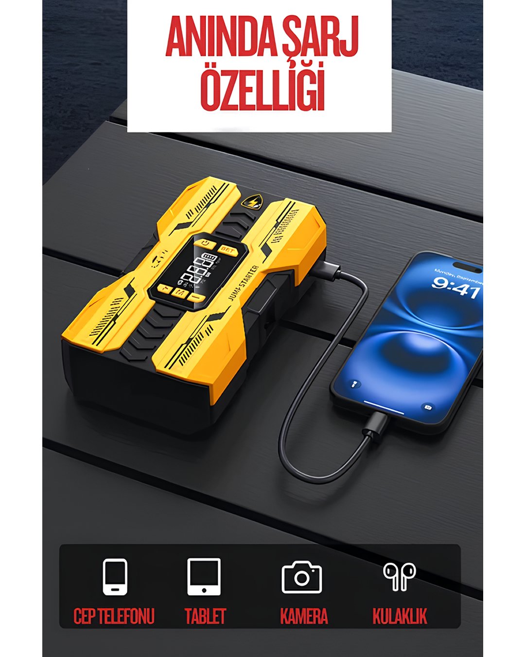 Castu CS73 Plus Max 18000mAh Akü Takviye Cihazı 4ü 1 Arada Jump Starter Kompresör Powerbank 150 PSI Led Işık şarj özelliği