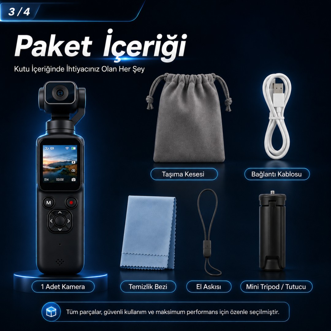 Castu HJD05 Ultra Kompakt 4K Pocket Kamera 3 Eksen Stabilizasyonlu kutu içeriği