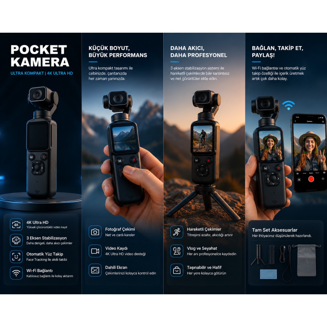 Castu HJD05 Ultra Kompakt 4K Pocket Kamera 3 Eksen Stabilizasyonlu model ve fiyatları