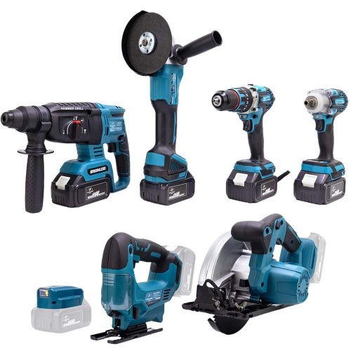 CHELİKBEİ EEA378 Akülü 7li Set Kırıcı Delici + 450Nm Somun Sökme + 13mm Vidalama + Daire Testere + 125mm Avuç Taşlama + Dekupaj Testere + Powerbank ve Led