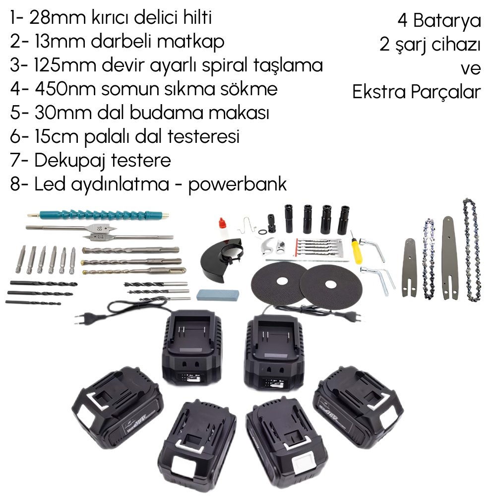 CHELİKBEİ EEA379 Akülü 8li Set Kırıcı Delici + 450Nm Somun Sökme + 13mm Vidalama + Dal budama makası + Dal testeresi + 125mm Avuç Taşlama + Dekupaj Testere + Powerbank ve Led model ve fiyatlar
