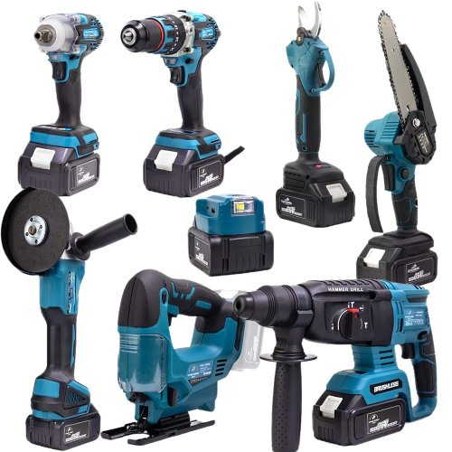 CHELİKBEİ EEA379 Akülü 8li Set Kırıcı Delici + 450Nm Somun Sökme + 13mm Vidalama + Dal budama makası + Dal testeresi + 125mm Avuç Taşlama + Dekupaj Testere + Powerbank ve Led