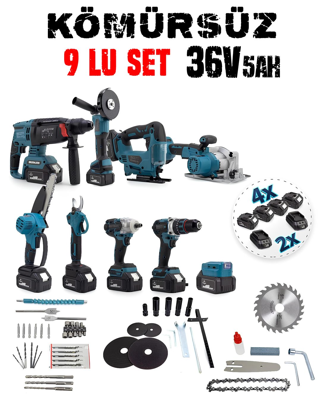 CHELİKBEİ EEA388 Akülü 9 LU Set (Power Bank & Led + Kırıcı Delici Matkap + Avuç taşlama + Somun Sıkma + Vidalama + Sunta Kesme + Dekupaj + Budama Testeresi + Budama Makası)