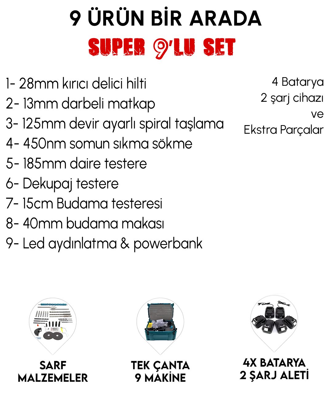 CHELİKBEİ EEA388 Akülü 9 LU Set (Power Bank & Led + Kırıcı Delici Matkap + Avuç taşlama + Somun Sıkma + Vidalama + Sunta Kesme + Dekupaj + Budama Testeresi + Budama Makası)