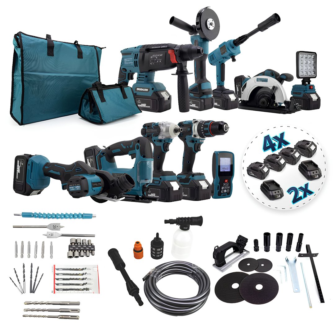 CHELİKBEİ EEA389 Akülü 10 LU Set (Led Işık +Lazer Metre +Somun Sıkma + Dekupaj + Oto Yıkama + Sunta Kesme + Darbeli Vidalama + Spral + Kırıcı Delici Matkap + Çok Fonksiyonlu Taşlama)