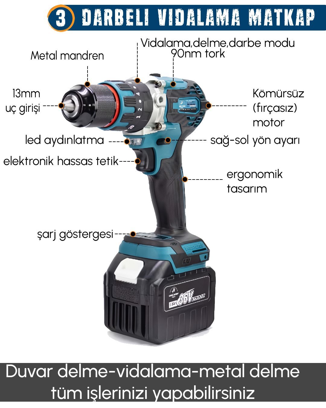 CHELİKBEİ EEA402 Akülü Kömürsüz 4 lü Set Makina 13mm darbeli kömürsüz vidalama matkap özellikleri