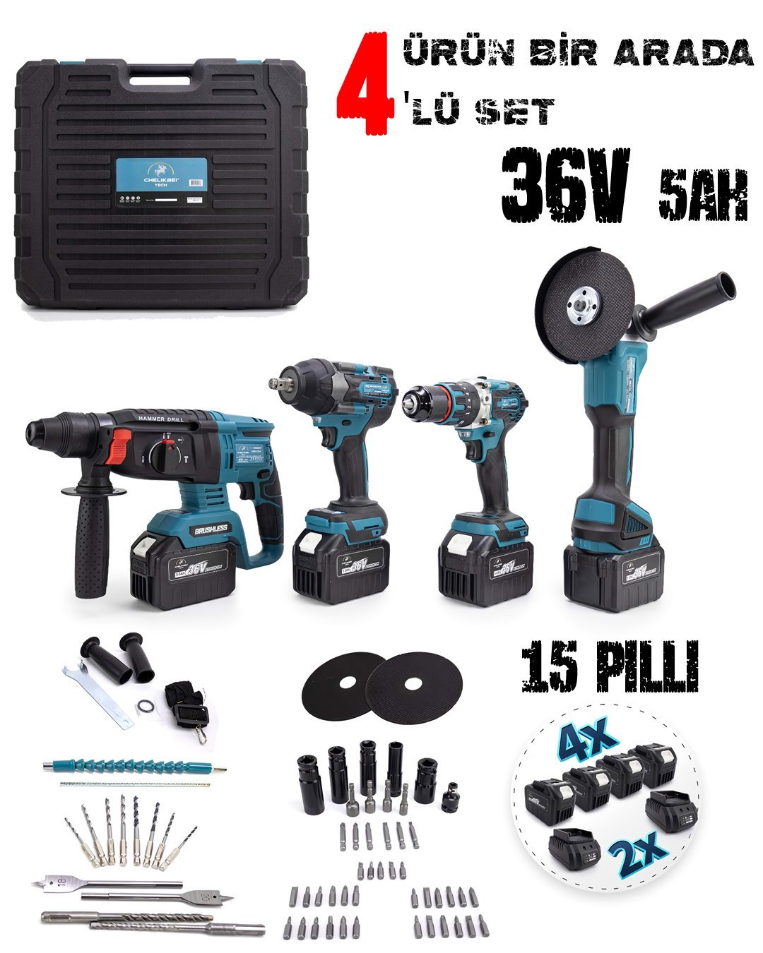 CHELİKBEİ EEA402 Akülü Kömürsüz 4 lü Set Makina 1100 Newton Somun Sökme Takma, 26mm Kırıcı Delici,  13mm Darbeli Vidalama, 125mm Avuç Taşlama